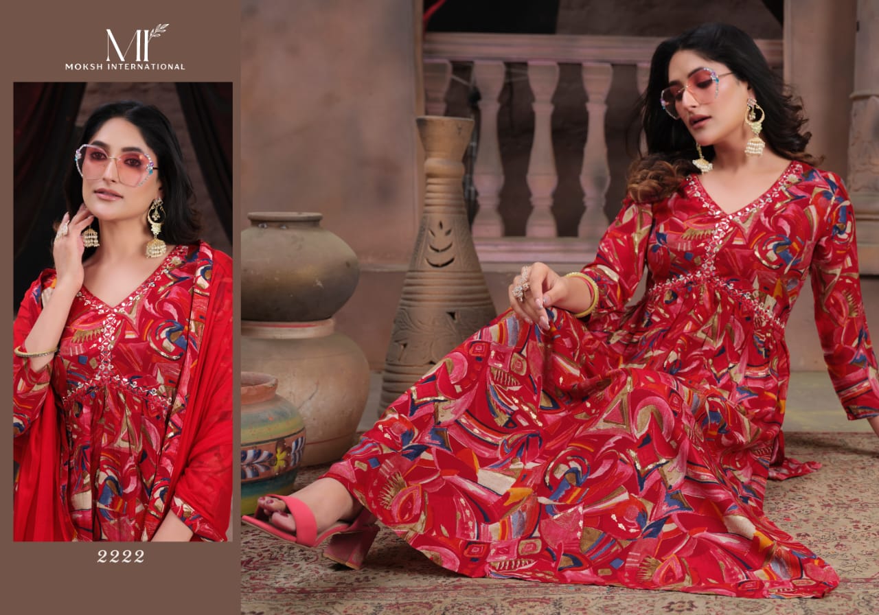Alia Vol 1 By Moksh Printed Rayon Alia Cut Kurti With Bottom Dupatta
